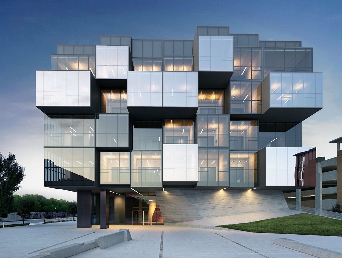 The UBC Pharmaceutical Sciences building, a stack of glass cubes lit at dusk